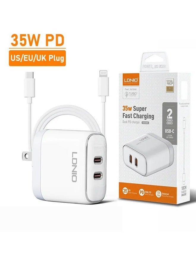 لدنيو شاحن سريع USB-C بقوة 35 واط بمنفذين Dual Type-C PD لجهاز iPhone وSamsung وVivo وOppo وXiaomi وiPad وMacBook – محول USB-C PD للشحن السريع للهواتف والأجهزة اللوحية وأجهزة اللابتوب للسفر والمنزل – أبيض - Image 2